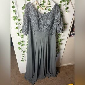 Ants Bridal Gray Pleated Gown with Flutter Sleeves and Scoop Neck